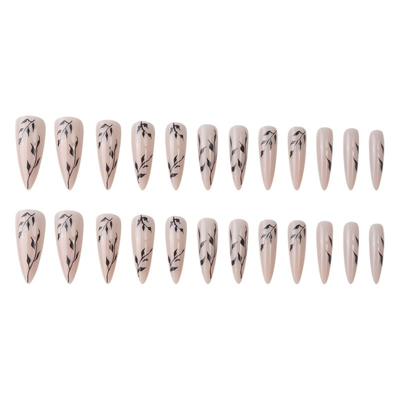 SINHOT Stiletto Press on Nails Extra Long Fake Nails with Glue Glossy False Nails with Black Leaves Designs Full Cover Almond Acrylic Nail 24pcs - Image 3